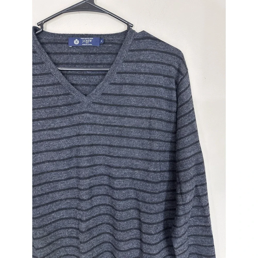 J.Crew 100% Merino Wool V-Neck Pullover Sweater‎ Gray Brown Striped Mens MEDIUM